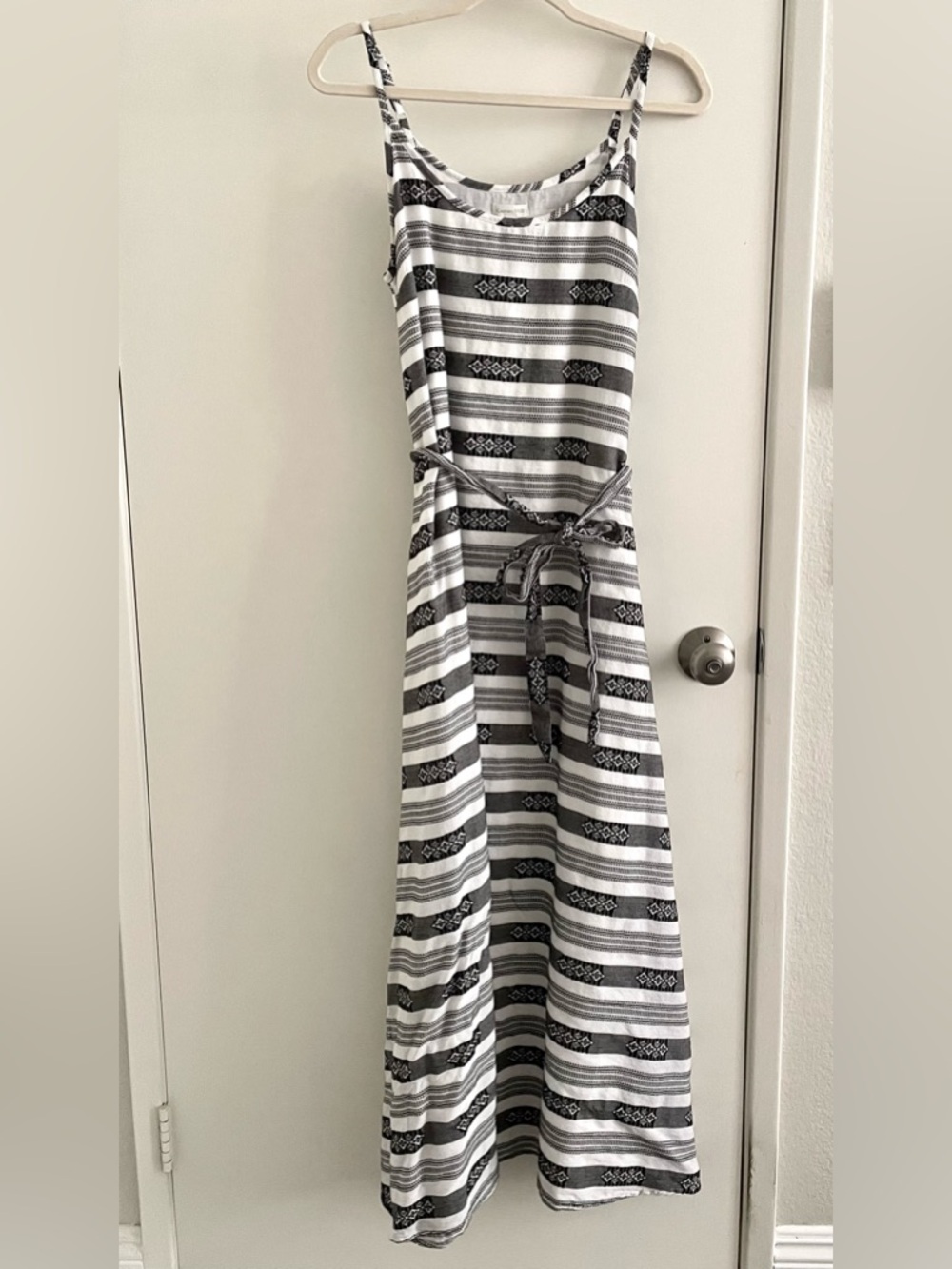 Garnet Hill Organic Cotton Black and White Jacquard Striped Tie-Waist Maxi Dress